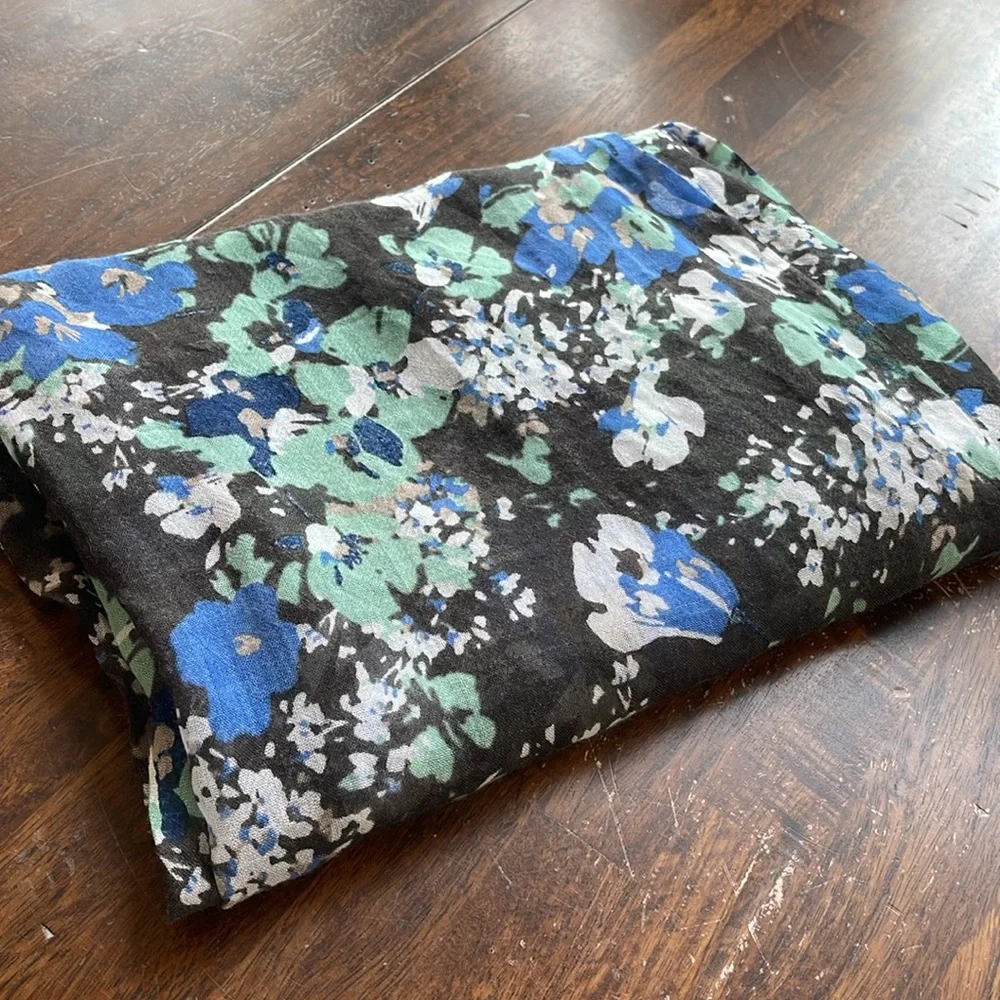 Floral Blue Black Scarf Women's Shawl Patterned Botanical Soft Lightweight Wrap